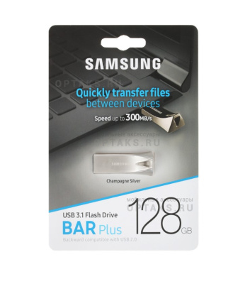 Флешка USB 128 Гб Samsung BAR PLUS, USB3.1, металл, 400 Мбит/с, серебристый