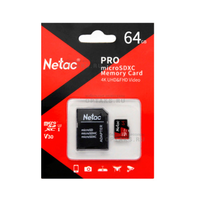 Карта памяти microSDXC 64Gb Netac, Extreme Pro, P500, Class10 UHS-I A1 V30, 100MB/s, с адаптером